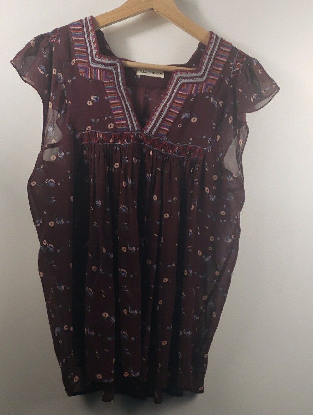 Ulla Johnson Anosha Burgundy Floral Embroidered Top Size 2 Silk